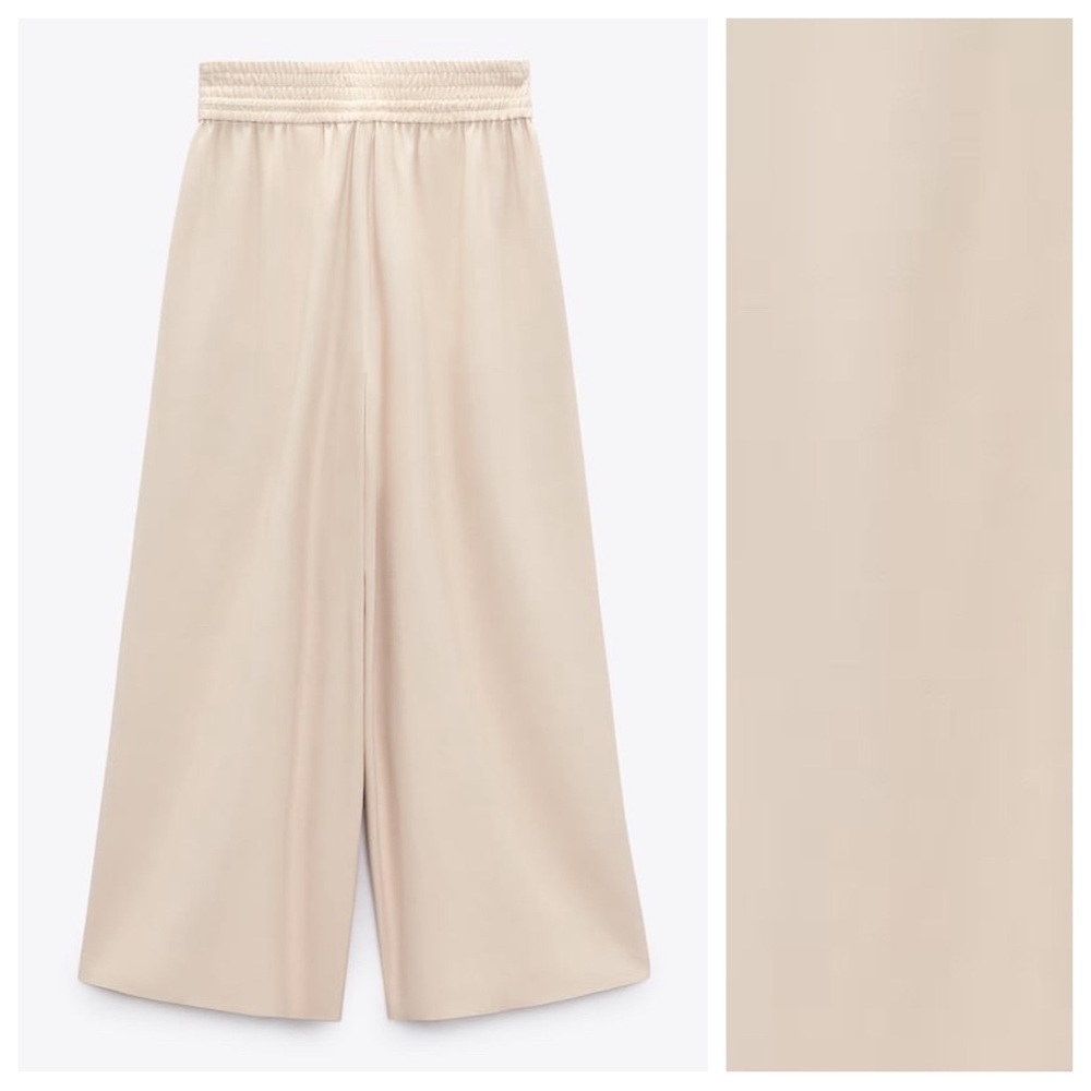 NWT. Zara Beige Viscose Wide-Leg Flowing High-Waist Trousers. Size L. - Picture 8 of 11
